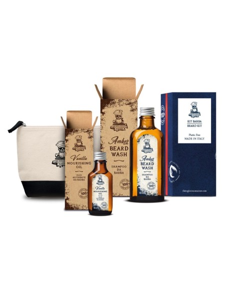 Kit da Barba | Shampoo barba Amber + Olio barba nutriente Vanilla + Pochette IN OMAGGIO